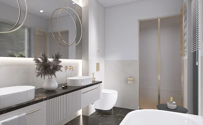 Nowoczesna łazienka z białymi umywalkami, czarnym blatem, minimaluxe i quiet luxury.