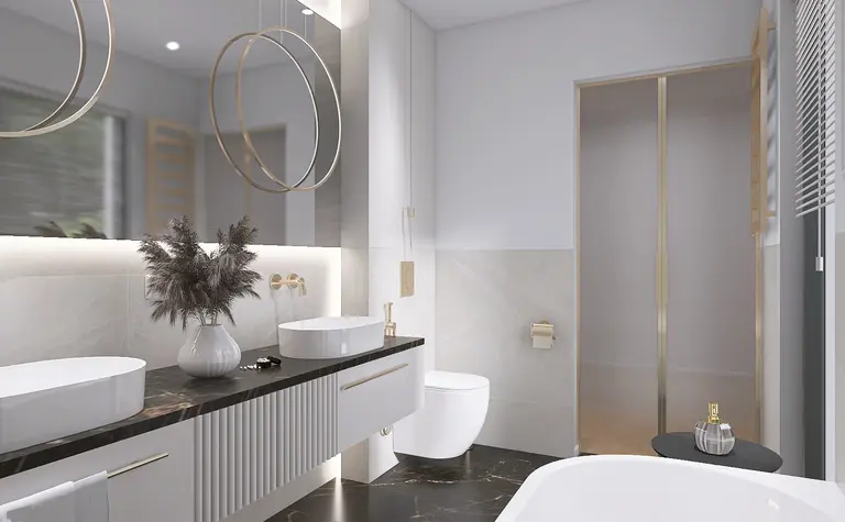 Nowoczesna łazienka z białymi umywalkami, czarnym blatem, minimaluxe i quiet luxury.