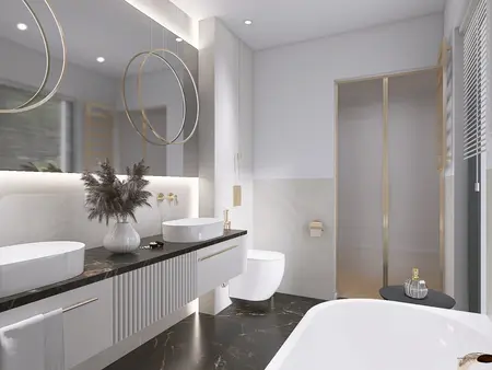 Nowoczesna łazienka z białymi umywalkami, czarnym blatem, minimaluxe i quiet luxury.