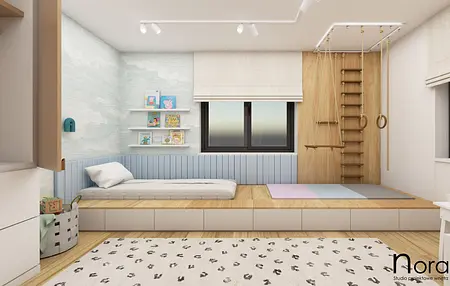 Pokój dziecięcy z drewnianym łóżkiem, książkami i elementami skandynawskimi