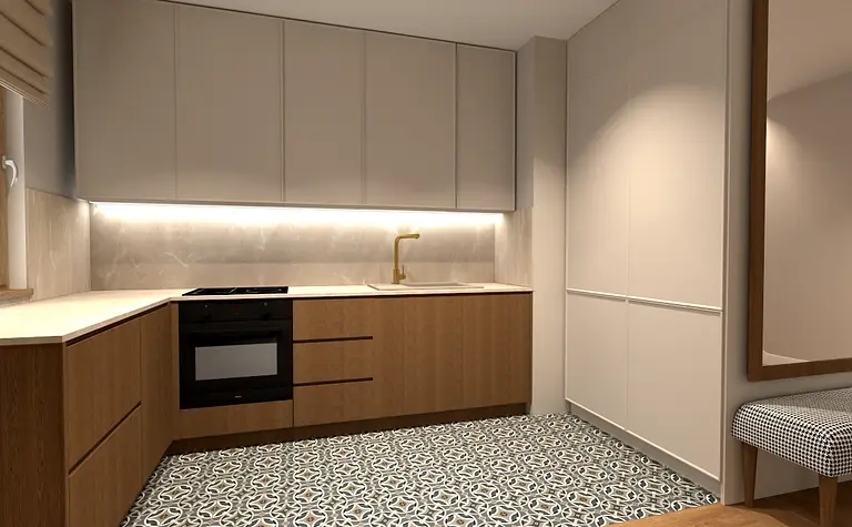 Współczesna kuchnia z drewnianymi meblami i jasnym blatem.