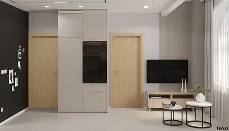 Wnętrze kuchni w stylu japandi, minimalistycznym i nowoczesnym z szarymi meblami.