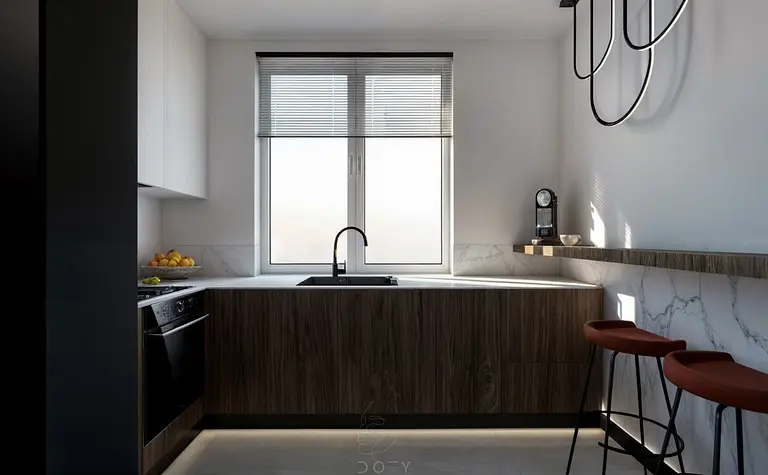 Kuchnia w stylu eklektycznym z nowoczesnymi elementami i akcentami quiet luxury.