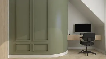 Gabinet w stylu soft minimalizm z zieloną ścianą i drewnianym biurkiem.