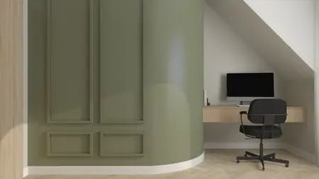 Gabinet w stylu soft minimalizm z zieloną ścianą i drewnianym biurkiem.