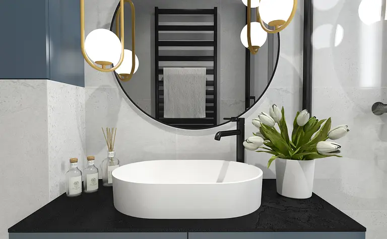 Nowoczesna łazienka z białą umywalką, czarnym blatem i tulipanami, styl dopamine decor.