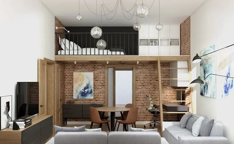 Wnętrze w stylu eklektycznym i industrialnym z ceglaną ścianą oraz nowoczesnymi meblami.