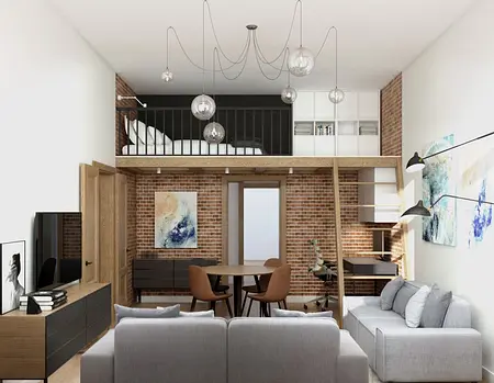 Wnętrze w stylu eklektycznym i industrialnym z ceglaną ścianą oraz nowoczesnymi meblami.