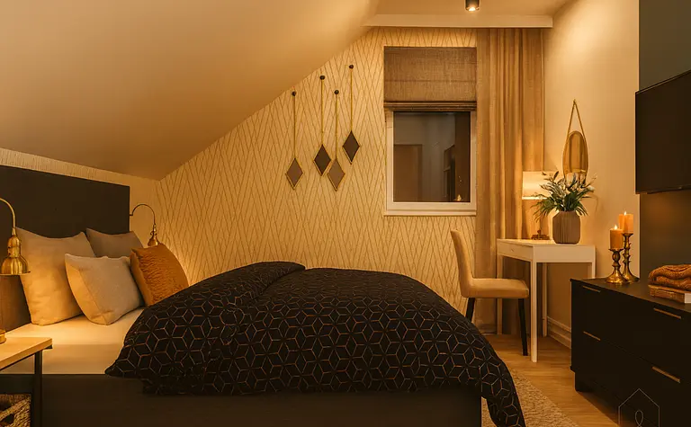 Sypialnia minimalistyczna z brązowym łóżkiem, beżową pościelą i eleganckim biurkiem.