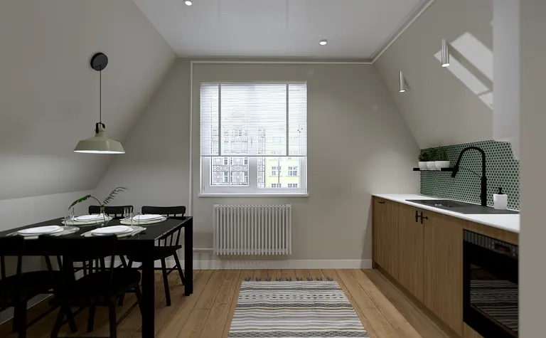Minimalistyczna kuchnia z drewnianymi meblami i zielonymi detalami.