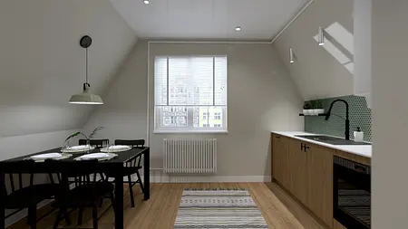 Minimalistyczna kuchnia z drewnianymi meblami i zielonymi detalami.
