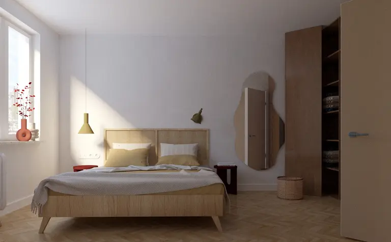 Sypialnia w stylu dopamine decor z drewnianym łóżkiem, żółtymi akcentami i eklektycznymi detalami.