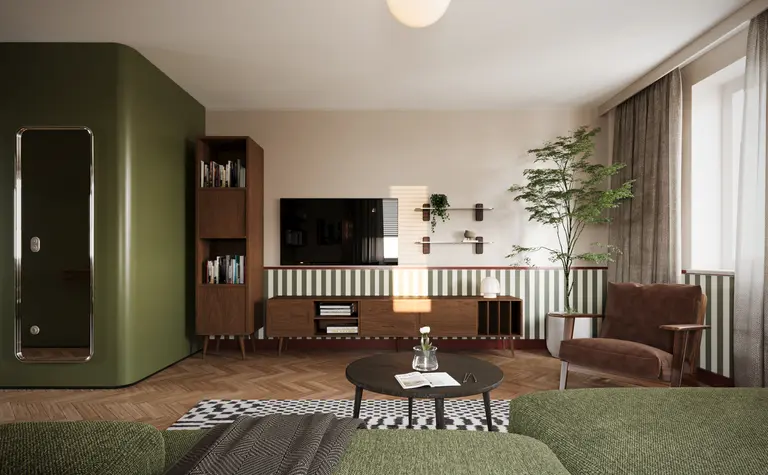 Wnętrze salonu w stylu eklektycznym i vintage z zieloną kanapą.