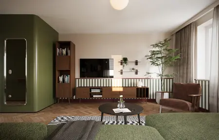 Wnętrze salonu w stylu eklektycznym i vintage z zieloną kanapą.