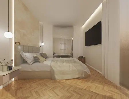 Nowoczesna sypialnia z elementami art deco i glamour, jasne ściany, drewniana podłoga.