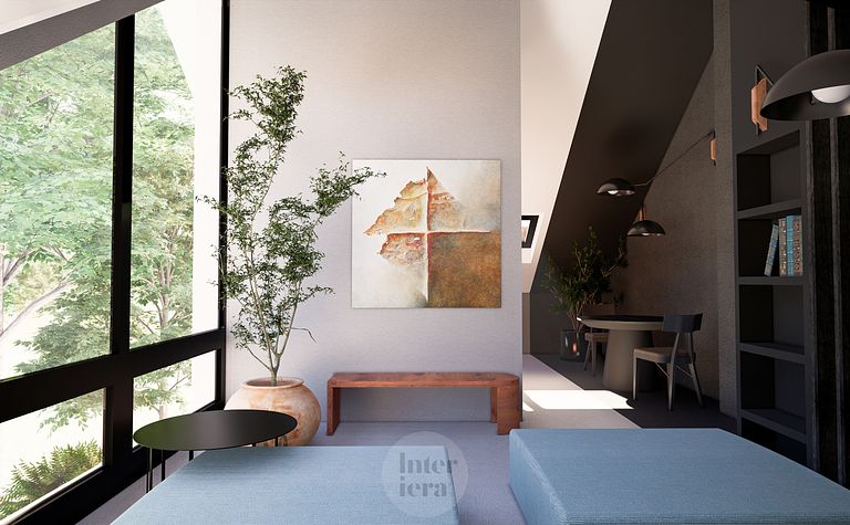 Eklektyczne wnętrze z roślinami, drewnianymi akcentami i minimalistycznym designem.