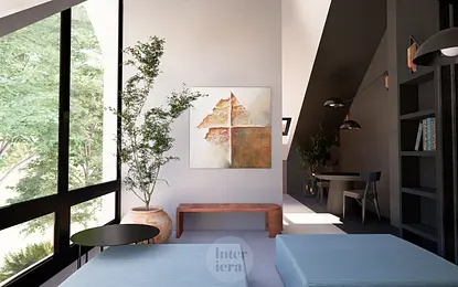 Eklektyczne wnętrze z roślinami, drewnianymi akcentami i minimalistycznym designem.