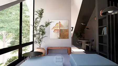 Eklektyczne wnętrze z roślinami, drewnianymi akcentami i minimalistycznym designem.