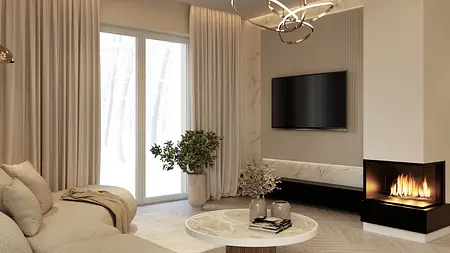 Wnętrze salonu w stylu japandi z minimalistycznymi elementami.