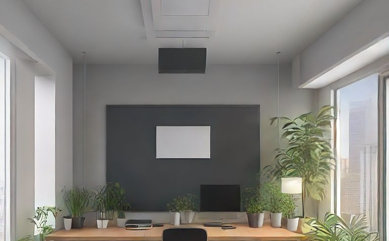 Biuro z drewnianym biurkiem, roślinami i szarymi ścianami w stylu vintage.