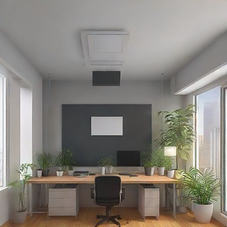 Biuro z drewnianym biurkiem, roślinami i szarymi ścianami w stylu vintage.