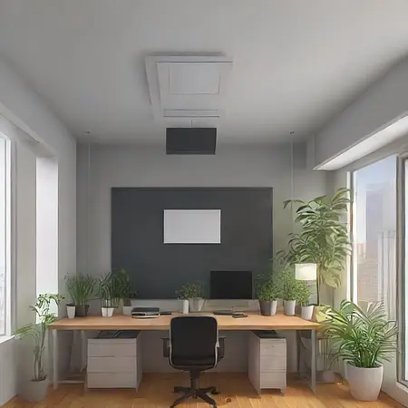 Biuro z drewnianym biurkiem, roślinami i szarymi ścianami w stylu vintage.