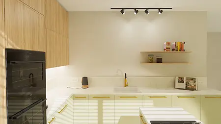 Nowoczesna kuchnia z drewnianymi meblami i białym blatem, współczesny design.
