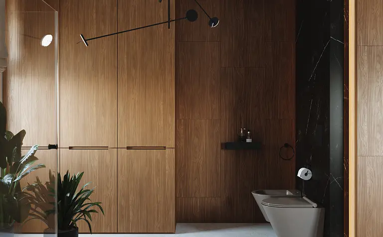 Wnętrze łazienki z minimalistycznym designem, drewniane wykończenia i roślinność.