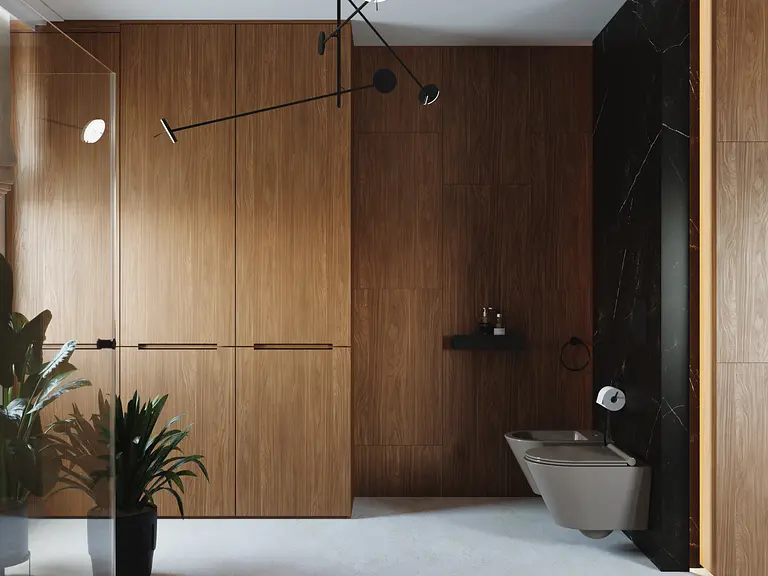 Wnętrze łazienki z minimalistycznym designem, drewniane wykończenia i roślinność.