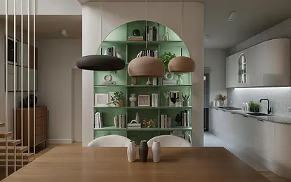 Wnętrze kuchni z eklektycznymi dodatkami, minimalistycznymi meblami i nowoczesnymi akcentami.