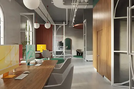 Wnętrze biura z drewnianym biurkiem, kolorowymi monitorami i minimalistycznym designem