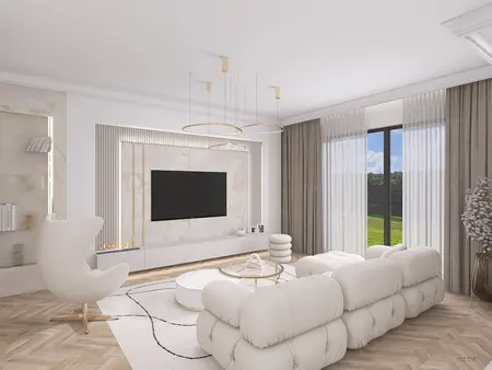 Wnętrze salonu w stylu minimaluxe z jasnymi meblami i dużym oknem