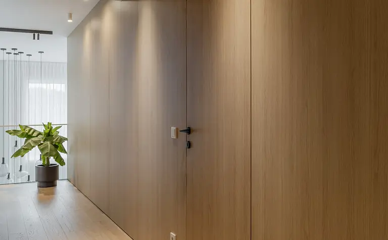 Przedpokój w stylu japandi z minimalistycznym drewnianym wykończeniem i rośliną.