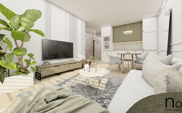 Wnętrze salonu w stylu boho i minimalistycznym z roślinami.