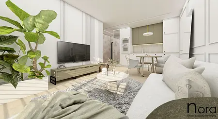 Wnętrze salonu w stylu boho i minimalistycznym z roślinami.