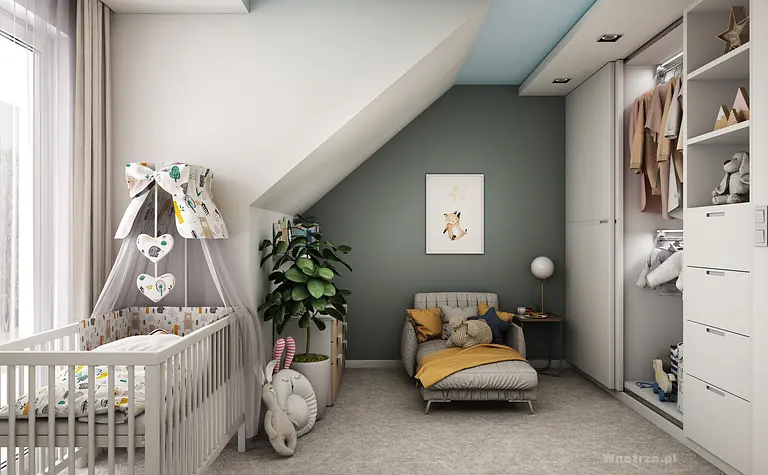Pokój dla dzieci z łóżeczkiem, rośliną i szafą, nowoczesny design.