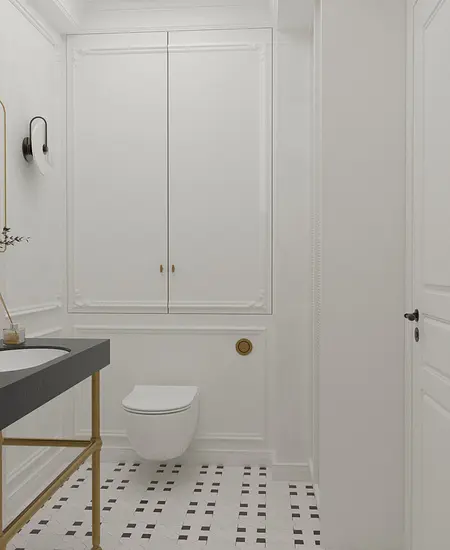 Elegancka łazienka w stylu art deco i minimalistycznym z tradycyjnymi elementami.