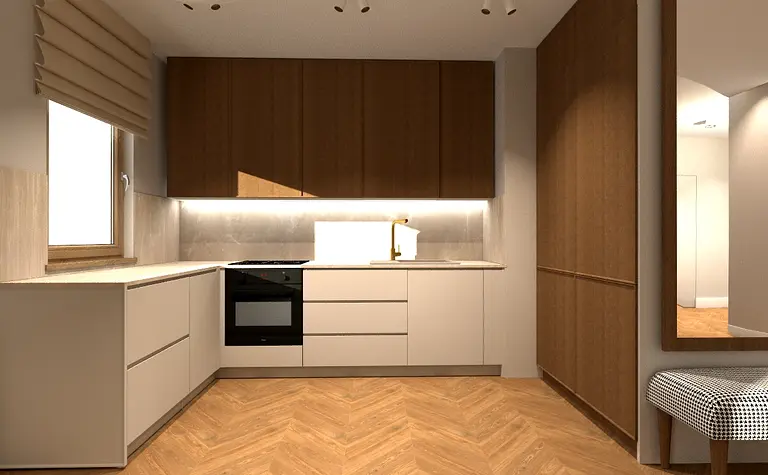 Współczesna kuchnia z drewnianymi meblami i beżowym wykończeniem.