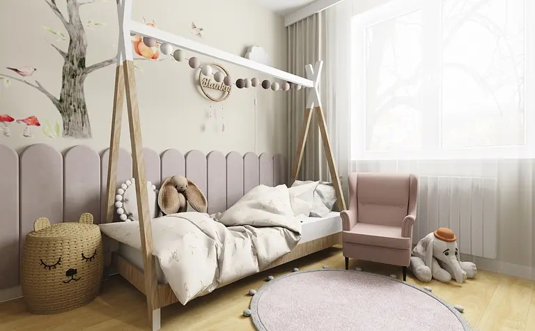 Pokój dziecięcy z łóżkiem, pluszakami i dekoracjami w stylu nowoczesnym, skandynawskim, współczesnym.