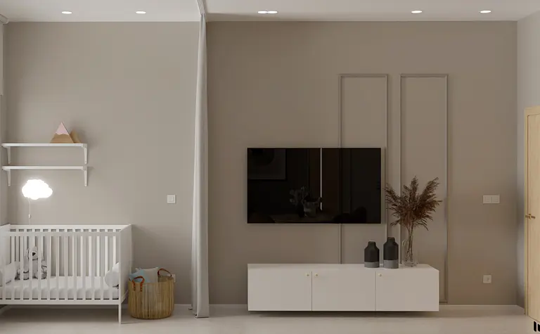 Wnętrze pokoju dziecięcego w stylu japandi, minimalistycznym i nowoczesnym z białym łóżeczkiem.