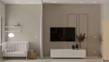 Wnętrze pokoju dziecięcego w stylu japandi, minimalistycznym i nowoczesnym z białym łóżeczkiem.