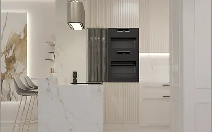 Kuchnia w stylu art deco z minimalistycznymi akcentami glamour i eleganckimi meblami.