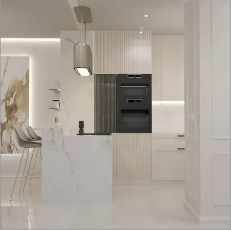Kuchnia w stylu art deco z minimalistycznymi akcentami glamour i eleganckimi meblami.
