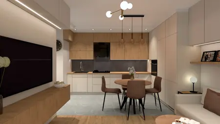 Wnętrze kuchni w stylu japandi z drewnianymi meblami, nowoczesnym oświetleniem i skandynawskim akcentem.