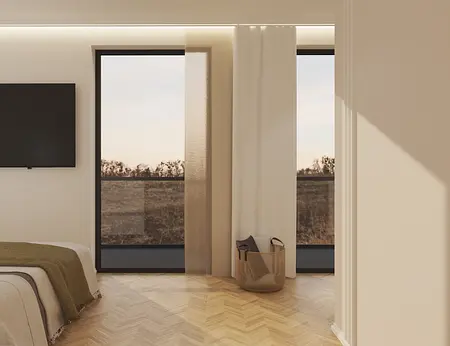 Wnętrze sypialni z dużymi oknami, jasnymi zasłonami i drewnianą podłogą w stylu art deco i nowoczesnym.