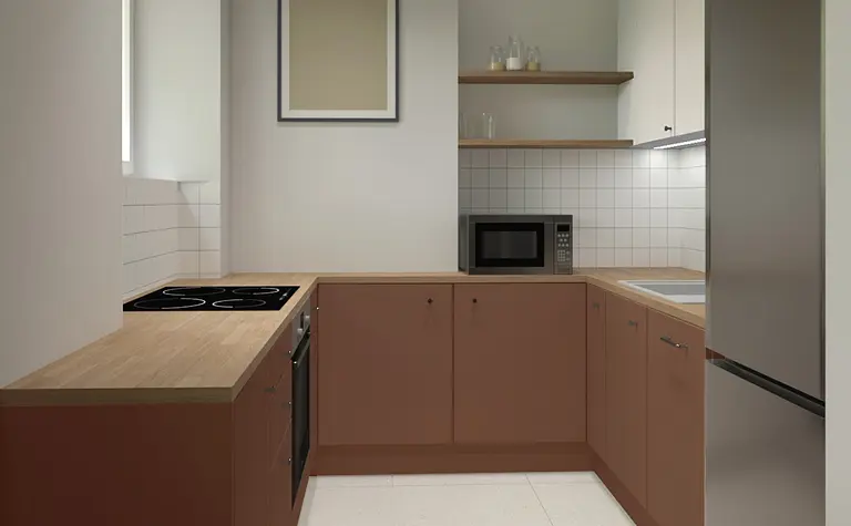 Kuchnia w stylu dopamine decor i japandi z brązowymi meblami.