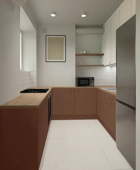 Kuchnia w stylu dopamine decor i japandi z brązowymi meblami.