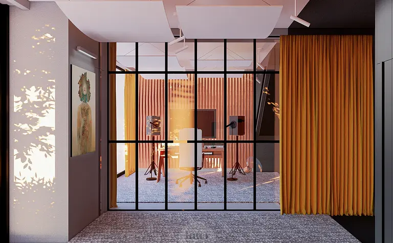 Eklektyczne biuro z minimalistycznym wystrojem, drewniane akcenty, japońskie elementy.