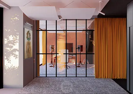 Eklektyczne biuro z minimalistycznym wystrojem, drewniane akcenty, japońskie elementy.