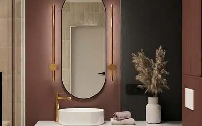 Nowoczesna łazienka w stylu art deco z brązowymi i białymi elementami